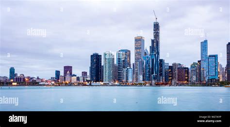 Chicago Illinois Skyline Sunset Time Panoramic View Of Chicago City
