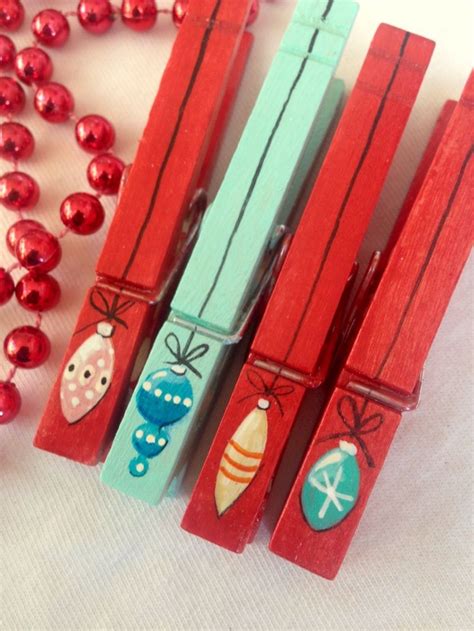 Painted Christmas Clothespins Red Turquoise Wooden Vintage Ornament Magnets By Sugarandpaint On