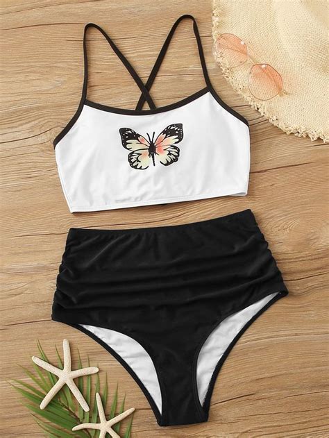 Butterfly Print Lace Up Back Bikini Set ROMWE Bikinis Bikini Set