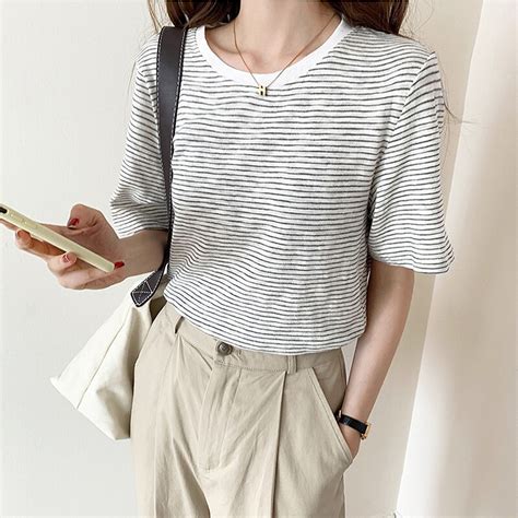 Ggright Round Neck Striped Cotton T Shirt Women Summer Tops Loose Casual Tee Shirt Femme