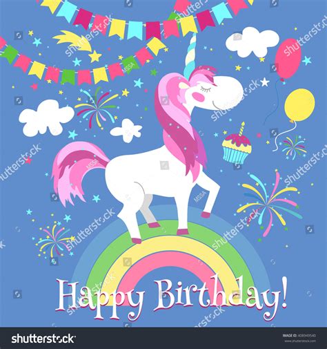 Happy Birthday Card Cute Unicorn On Stock Vector 408949540 Shutterstock