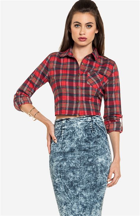 Plaid Button Up Crop Top In Red Dailylook