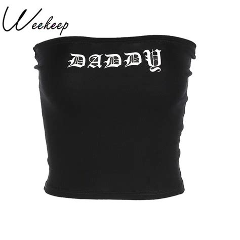 Weekeep Women Sexy Black Tube Top Daddy Letter Print Cropped Bandeau