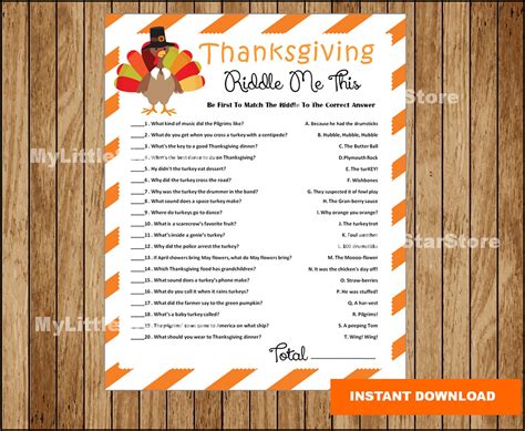Printable Thanksgiving Game Thanksgiving Riddle Me This Game Etsy