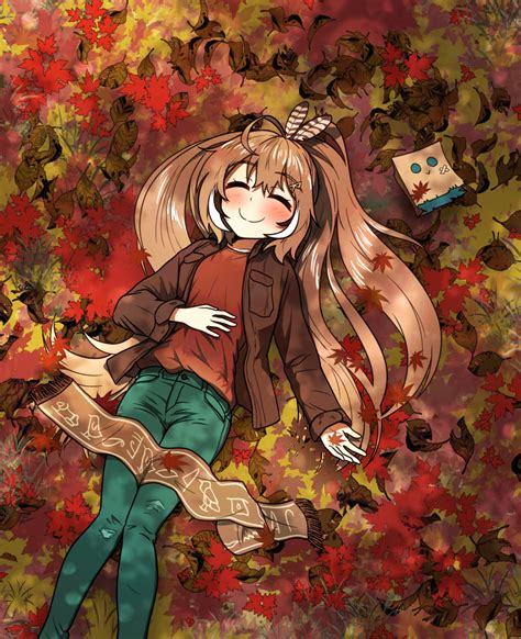 Safebooru 1girl Absurdres Ahoge Alternate Costume Autumn Autumn Leaves Bangs Blush Brown Hair