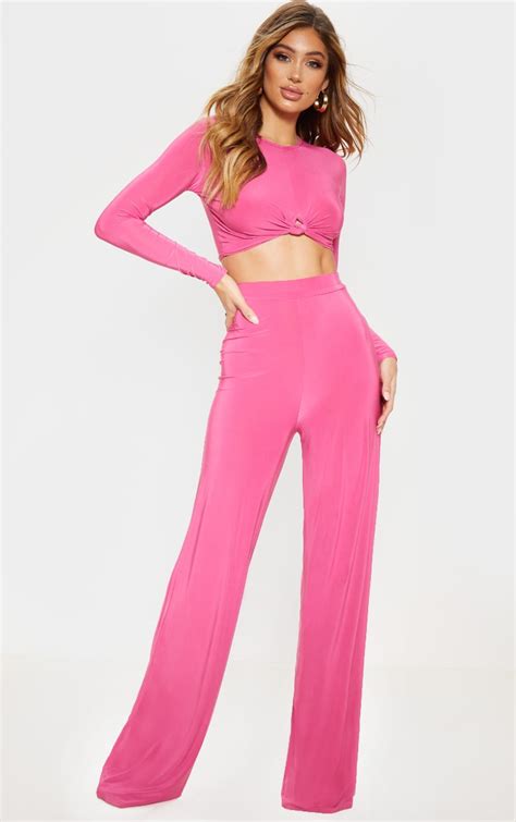 Hot Pink Slinky Palazzo Trousers Trousers Prettylittlething Qa