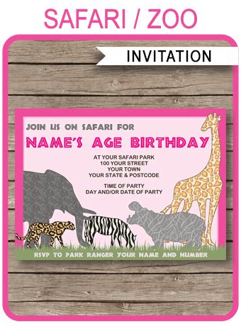 safari  zoo party invitations template pink birthday party