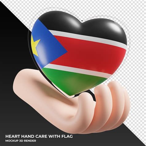 bandera de sudán del sur con cuidado de la mano del corazón textura 3d realista archivo psd