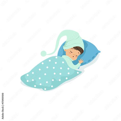 Cartoon Boy Sleeping In Bed In Night Cap