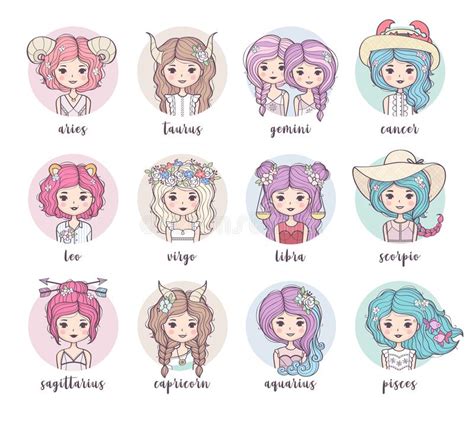 Cartoon Set Of Zodiac Signs Cute Girls Stock Illustration