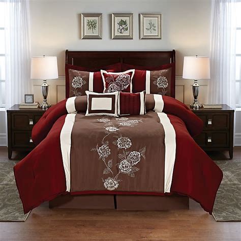 Floral 7 Piece Comforter Set In Burgundybrown Bed Bath And Beyond