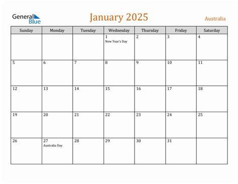 Free January 2025 Australia Calendar