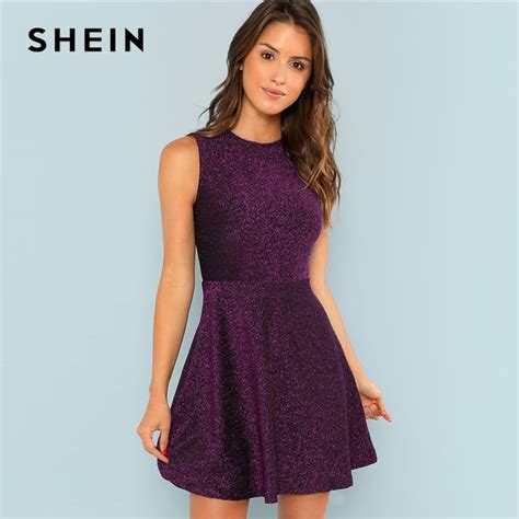 Shein Purple Fit And Flare Sleeveless Glitter Slim Fit Short Dress Mid