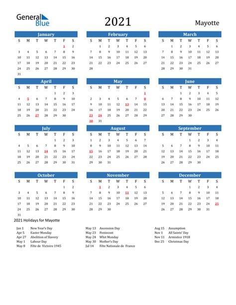April is the fourth month of the year which contains 30 days with several holidays. 2021 Calendar - Mayotte with Holidays