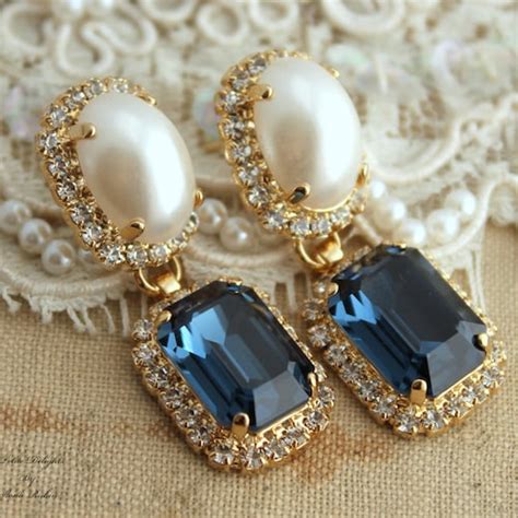 Bridal Blue Navy Earrings Dark Blue Drop Earrings Crystal Etsy