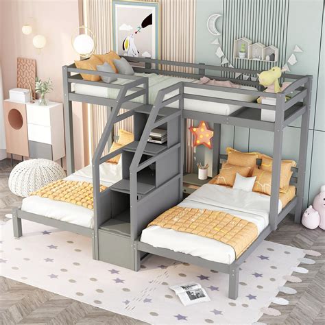 Buy Triple Bunk Bed With Stairs Twin Bunk Beds For 3 Wooden Bunk Bed