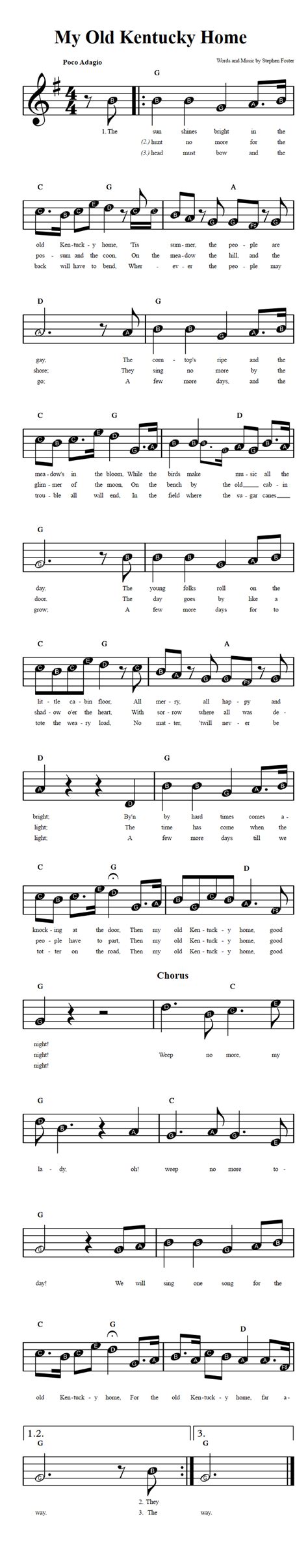 My Old Kentucky Home Beginner Sheet Music With Chords And Lyrics