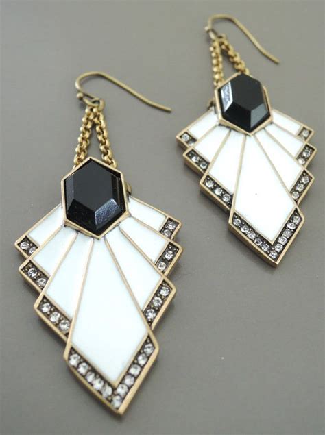 Art Deco Earrings White And Black Enamel Earrings Crystal Earrings