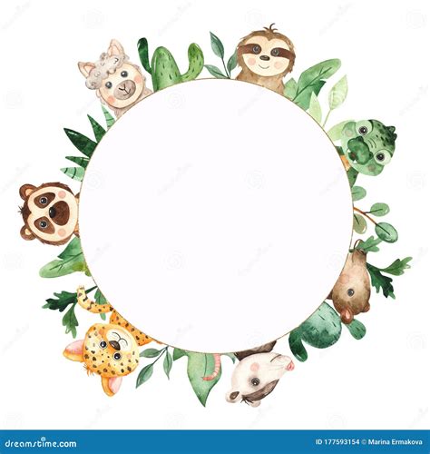 Watercolor Round Frame With Cute Babies Jungle Animals And Tropical