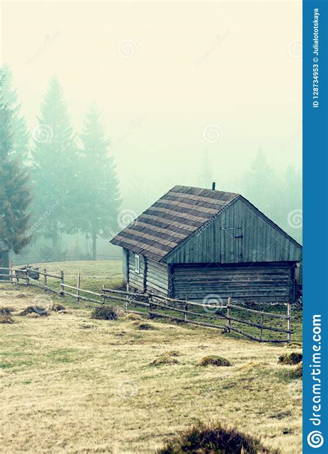 Mountain Landscape In The Fog House In The Mountains Carpathian