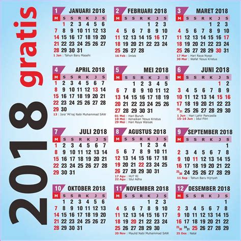 Download Gratis Kalender 2018 Masehi 1439 Hijriyah Indonesia Beserta
