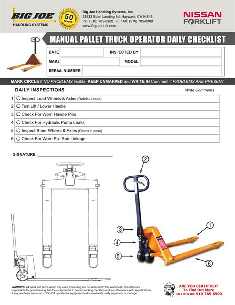 But, as with any powered tool, if used improperly, electric pallet jacks can become a safety liability. Manual Pallet Jack Operator Checklist by bigjoelift (page ...