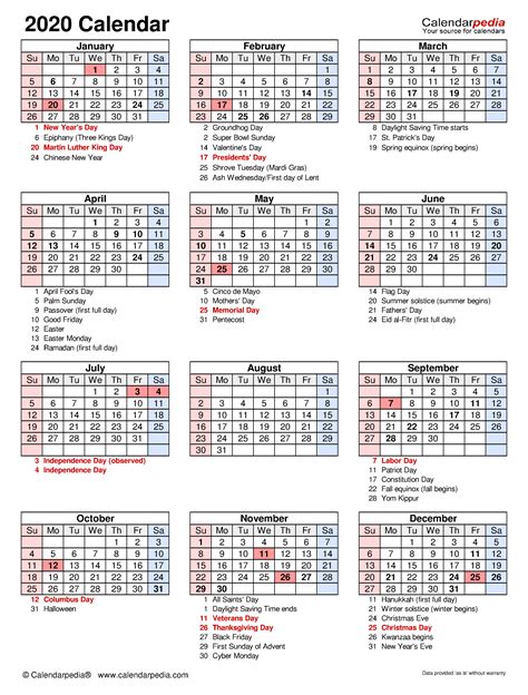 2020 Calendar Holidays And Observances Printable