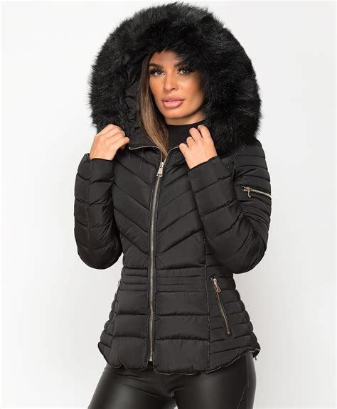 Ladies Women's Quilted Puffer Bubble Padded Jacket Fur Collar Winter ...