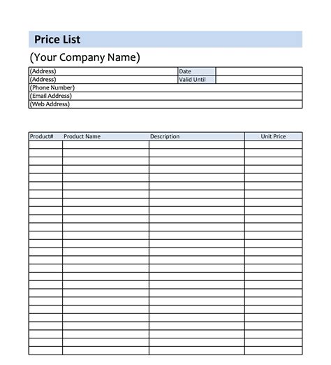 Printable Price List Template Free Printable Templates Free