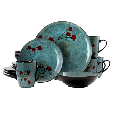Elama Floral Accents 16 Piece Stoneware Dinnerware Set In Blue