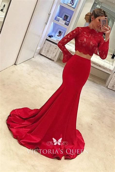 Red Lace And Satin Long Sleeve Two Piece Prom Dress Vq