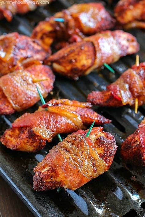 Bacon deliciously enriches every dish and spicy chicken skewered and grilled to tender perfection is no exception. Brown Sugar Bacon Wrapped Chicken - Yummy Healthy Easy