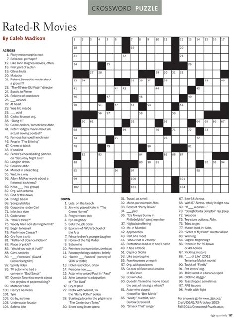 When it comes to choosing fun interesting hobbies and activities to do in your free time, you know how many various choices you are whether it is for kids or us adults, playing crossword puzzles is the second one. DGA Quarterly Magazine | Fall 2011 | Crossword Puzzle - R ...