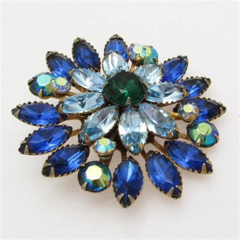 Vintage Blue Rhinestone Brooch Layered Riveted Brooch 50s Etsy