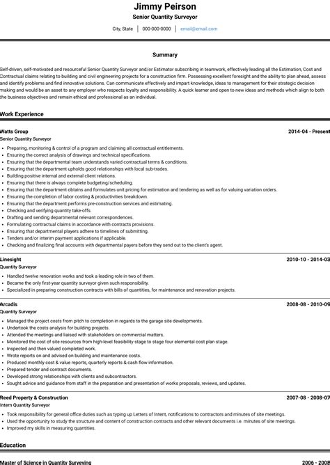 Quantity surveyor cover letter sample 1 dear mr jackson cover letter sample upon seeing the quantity surveyor position available at sino group, i began creating my resume to submit. Quantity Surveyor - Resume Samples & Templates | VisualCV ...