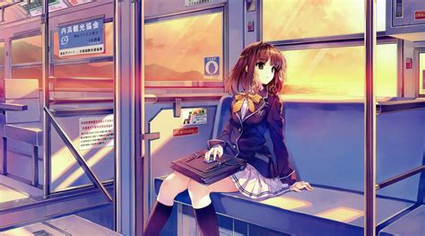 Wallpaper Looking Away Long Hair Anime Girls Brunette Room Train