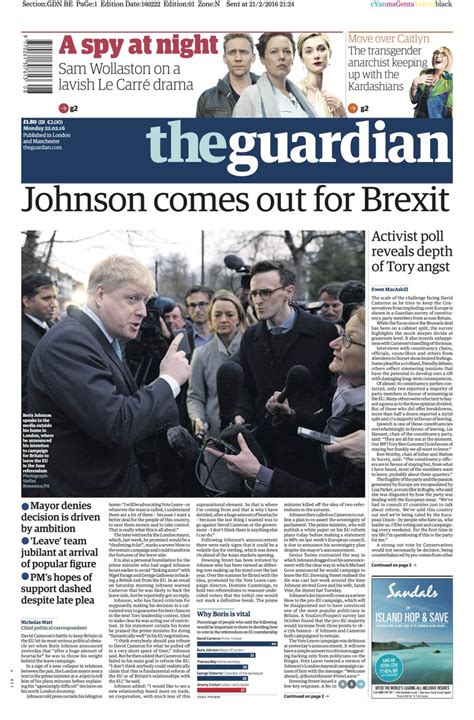 The guardian, influential daily newspaper published in london, generally considered one of the united kingdom's leading newspapers. Monday: Guardian front page, Monday 22 February 2016 ...