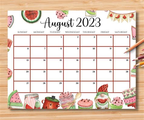 Editable August 2023 Calendar Joyful Summer With Cute Etsy Uk
