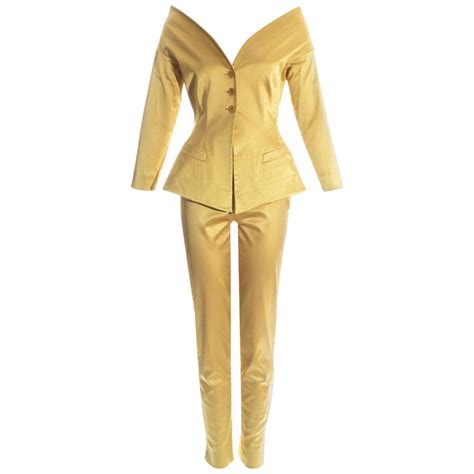 Romeo Gigli Gold Satin Spandex Off Shoulder Evening Pant Suit Ss 1996