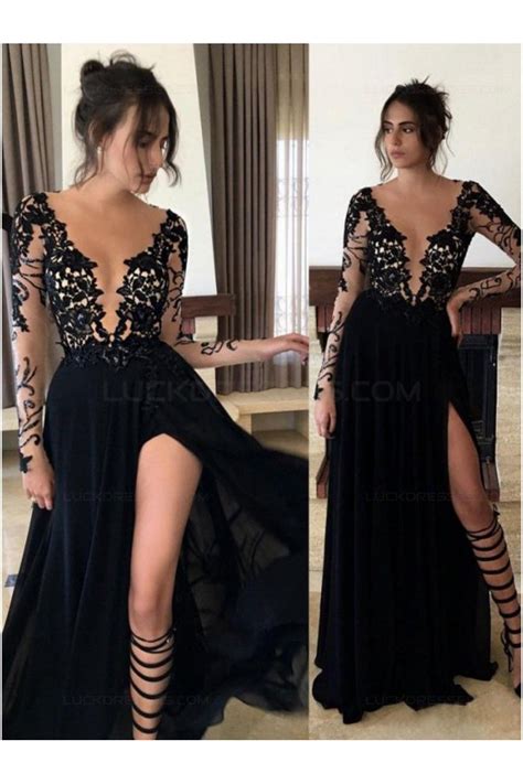 Long Black Lace Chiffon Prom Dresses Party Evening Gowns