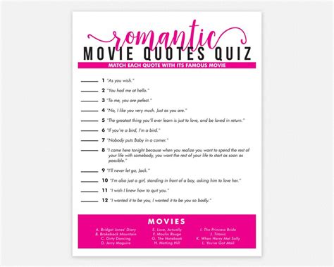 Romantic Movie Quotes Quiz Printable Party Game Instant Etsy Canada