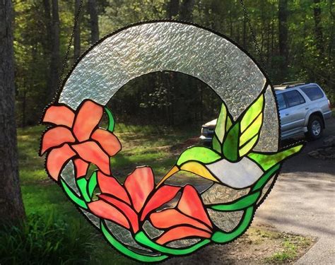 Panel Stained Glass Hummingbird Flower Wreath Etsy Stained Glass