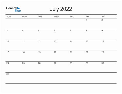 July 2022 Monthly Calendar Pdf Word Excel