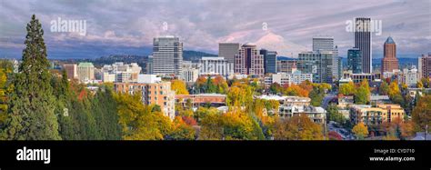 Portland Oregon Downtown Skyline With Mount Hood Panorama Hi Res Stock