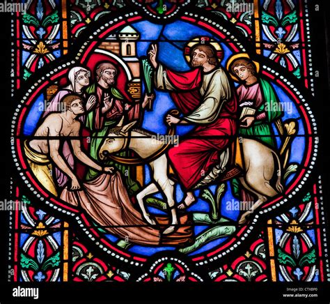 Jesus Enters Jerusalem On A Donkey On Palm Sunday Stock Photo Alamy