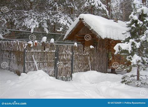 Little Log Hut In Winter Garden Stock Image Image Of Rooster