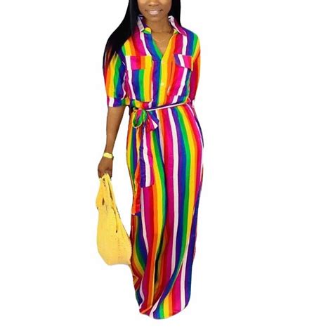 2019 rainbow striped wide leg jumpsuit sexy women short sleeve one piece overall casual buttons