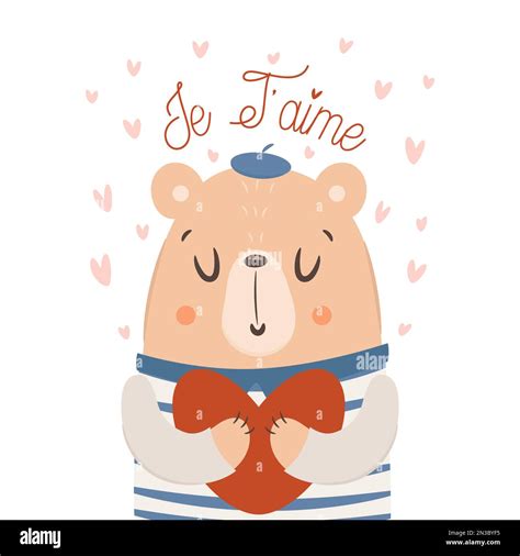 Je Taime Cute Bear Holding Big Heart Valentines Day Card Concept