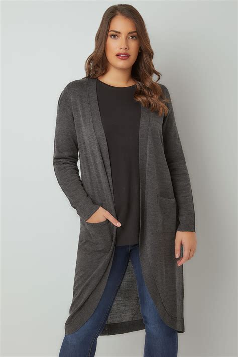 Dark Grey Longline Cardigan With Pockets Plus Size 16 To 36