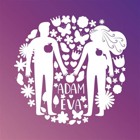 Adam And Eve Silhouettes Couple In Love With Flowers And Birds Vector